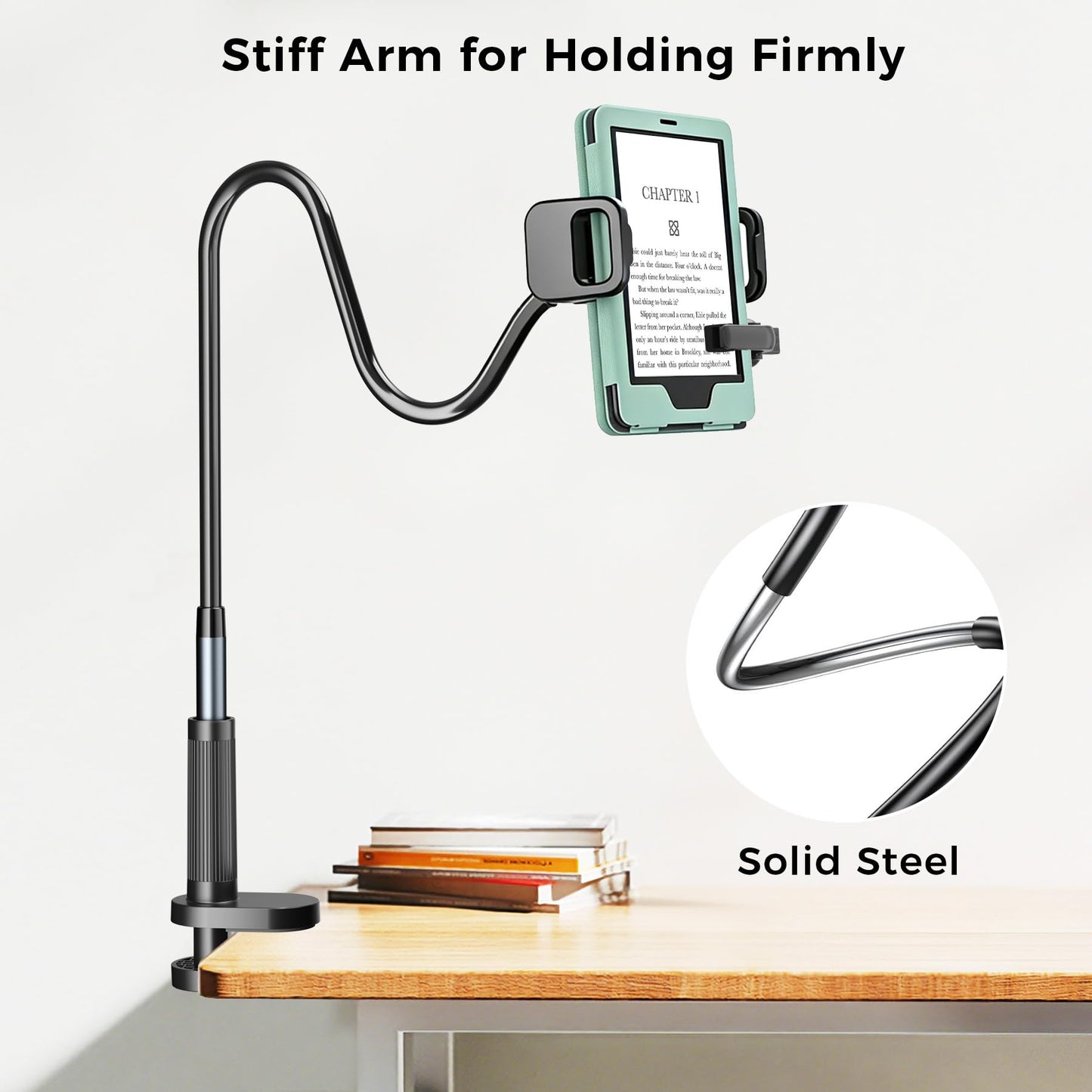 [Case-Friendly] Long Tablet Stand for Kindle with Page Turner Ring Remote, Gooseneck Holder for Reading in Bed with Clicker, eReader Accessories Gift for Readers Compatible with iPad iPhone Fire HD