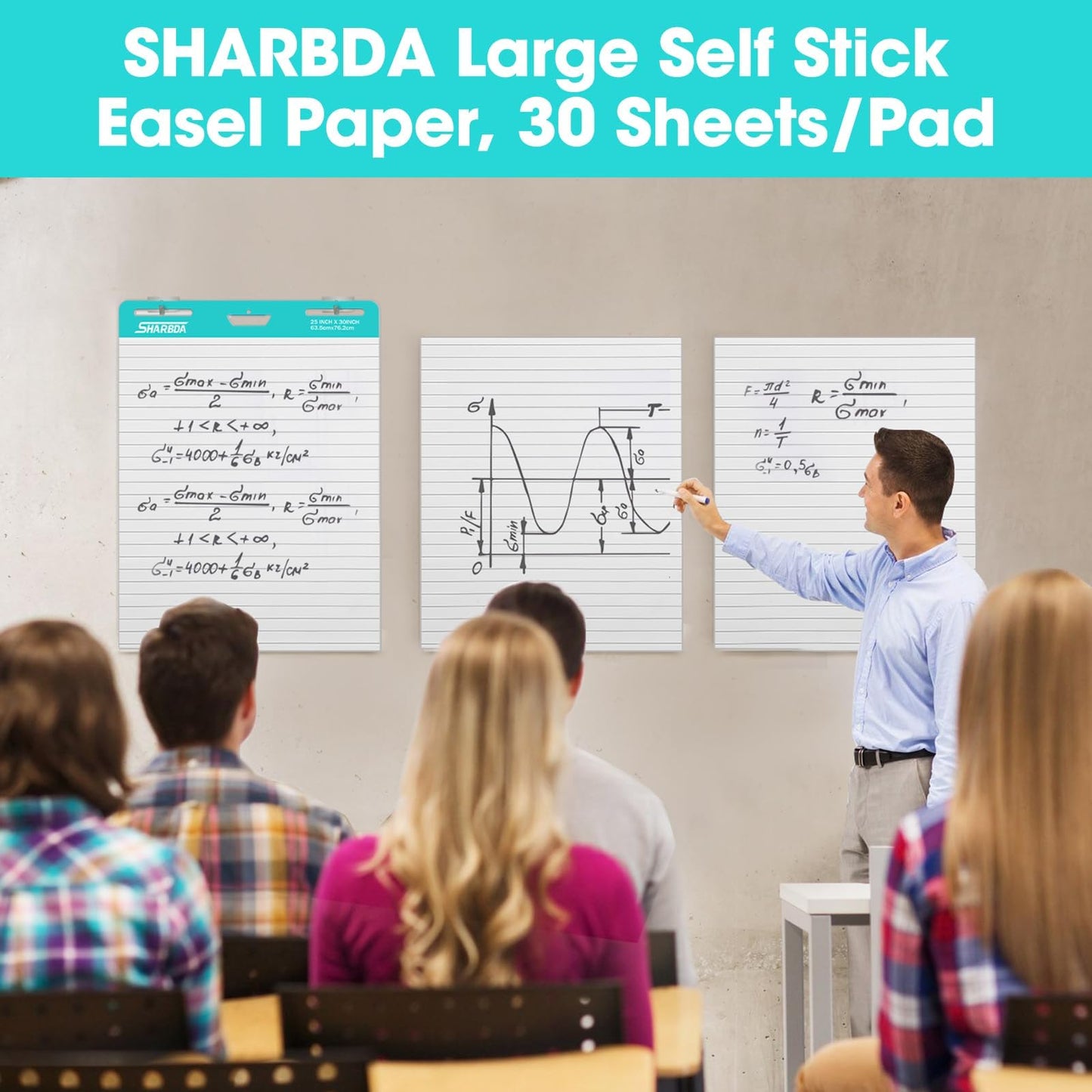 SHARBDA Lined Sticky Easel Pad, 15 * 18 inch,Self-Stick Flip Chart Paper, Super Adhesive & Bleed-Resistant,Micro-Perforated Tear,Classroom Teacher Office Presentation Pads,3 Pads/Pack,90Sheets
