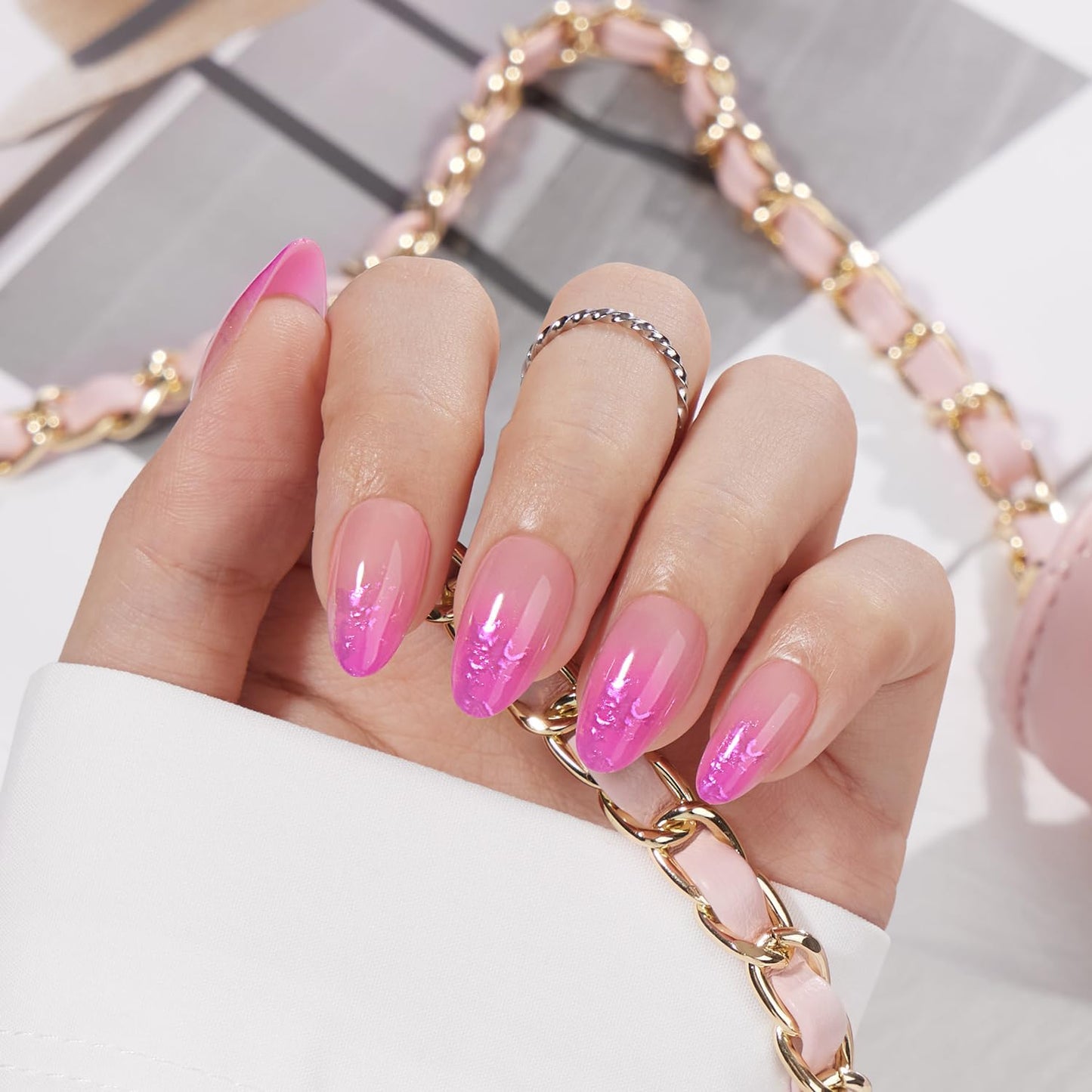 VSALON Almond Short Press On Nails, Ombre Hot Pink Aurora Sheer Jelly Finish Nail Kit & Blue Cat Eye Mini Pack