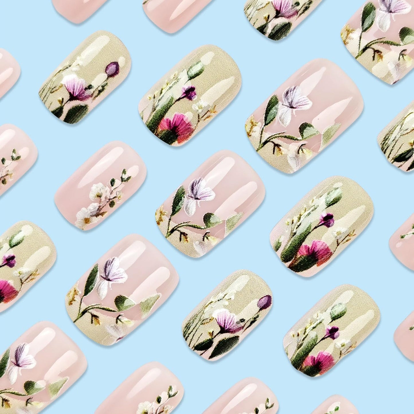 Flowers Press on Nails Short Fake Nails 3D Floral Acrylic Nails Light Pink & Green Full Cover Glue on Nails Spring Reusable Stick on Nails for Women 24 Pcs