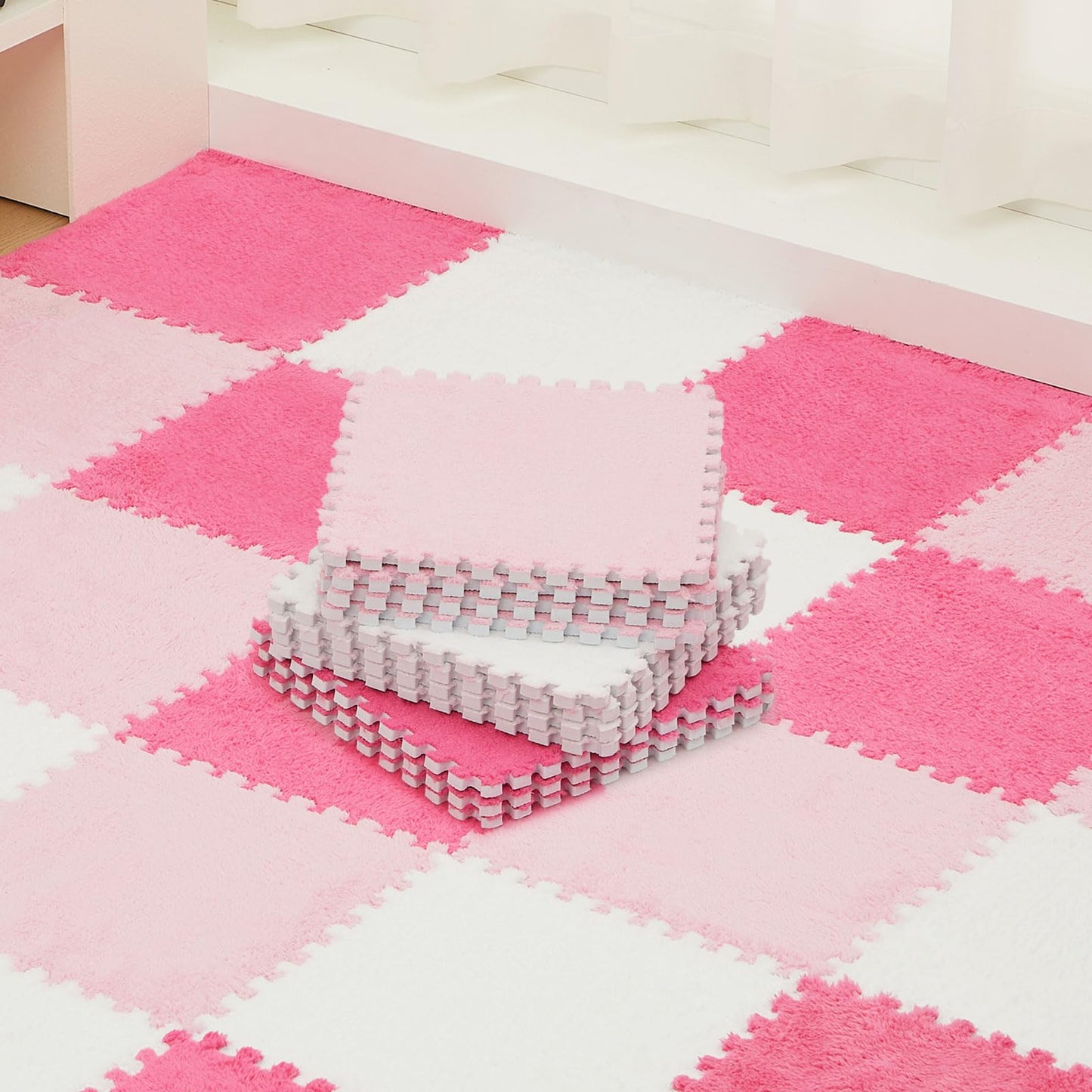 Amylove 72 Pieces Plush Foam Floor Mat Square Interlocking Carpet Tiles with Border 12 x 12 x 0.4 in Fluffy Play Mat Floor Tiles Soft Climbing Area Rugs for Home Playroom(White, Pink, Rose Red)