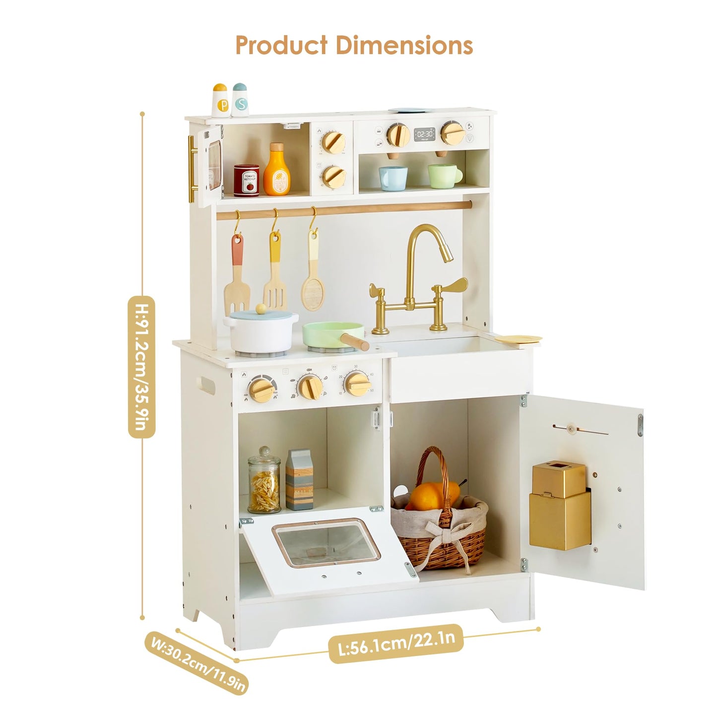 Wooden Play Kitchen for Kids with Ice Maker — Small White Pretend Kitchen Set with Sink, Stove, Oven & Microwave, Utensils and Storage, Montessori Role-Play Toy, Gift for Toddlers Ages 3+
