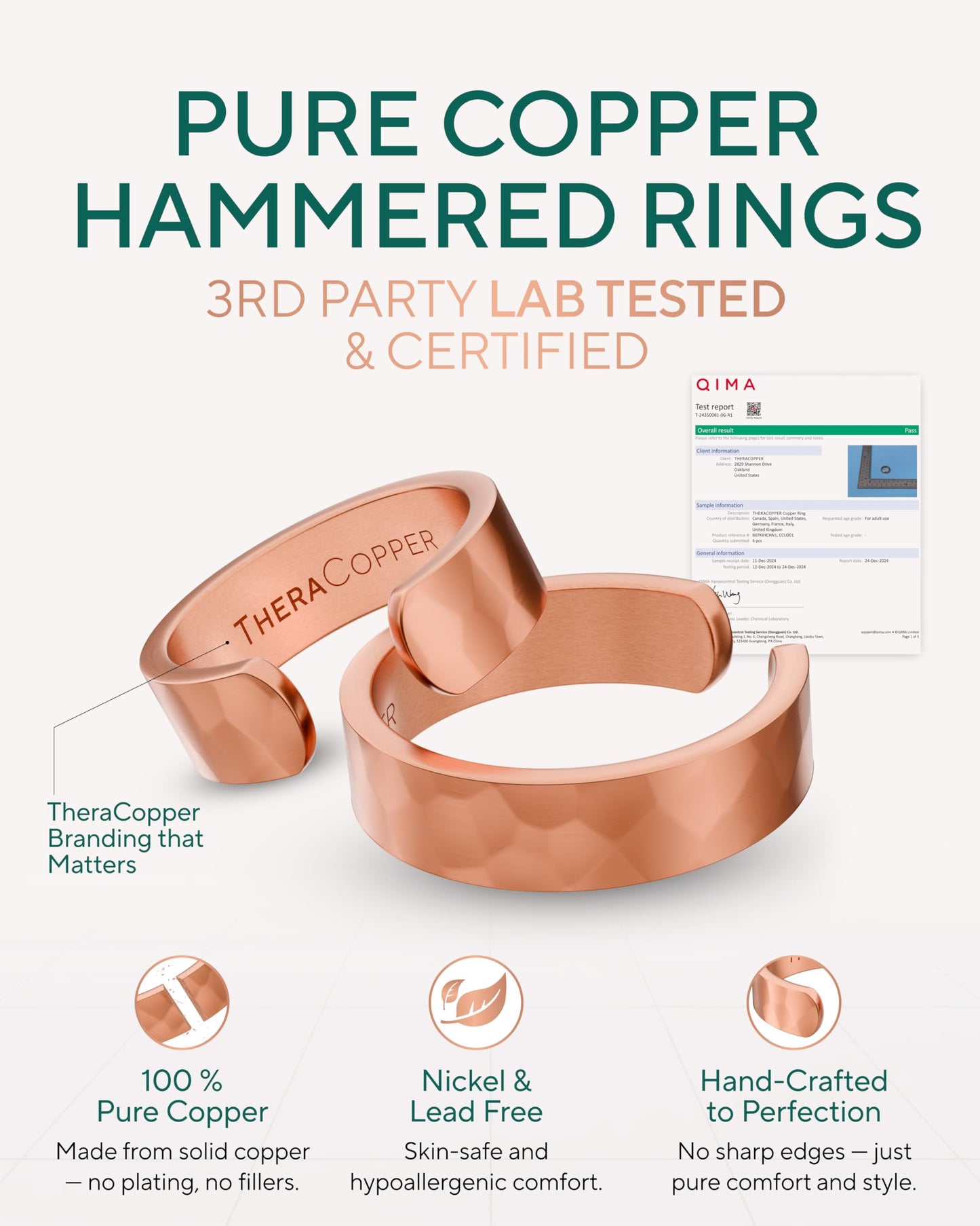 TheraCopper Pure Copper Rings for Women & Men (2-Pack) — 100% Pure Copper Ring — Raw, Solid & Uncoated Authentic Handmade Open-End Adjustable Ayurvedic Jewelry Rings (6mm Hammered)