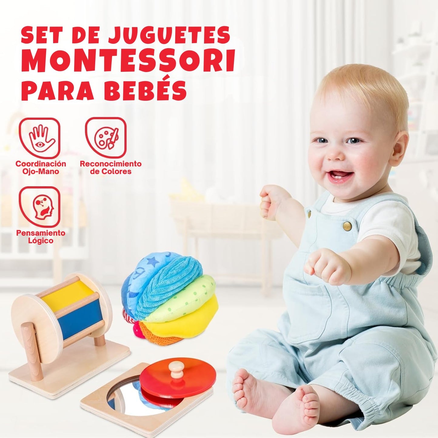 Montessori Baby Toys Play Kit - Mirror, Peekaboo, Knob Puzzle, Spinning Drum, Rainbow Ball - 6-12 Months Toddlers