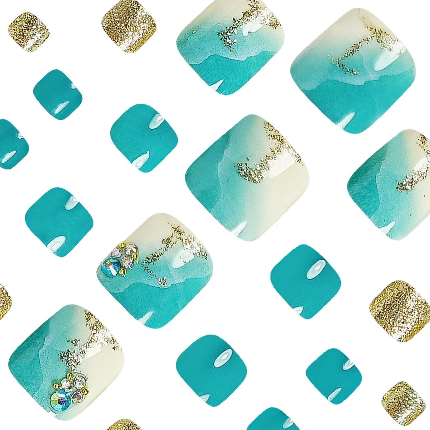 IMRAIN Press on Toenails Short Square Fake Toenails Blue White Toenail Press ons Cute Summer False Toe Nails with Sea Wave Designs Glossy Golden Glitter Glue on Toe Nails for Women 24Pcs