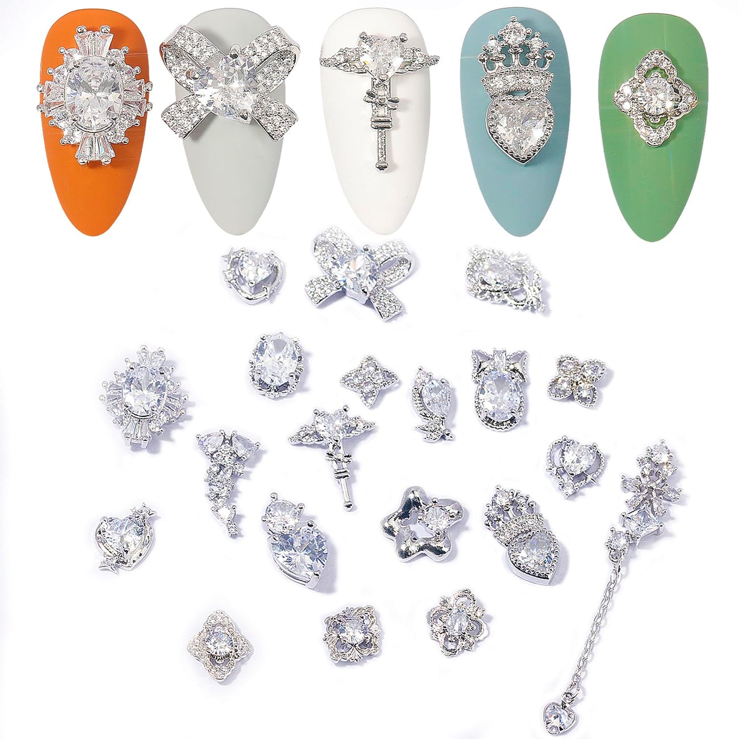 HNUIX Nail Charms and Gems - Silver Copper Zircon, Multiple Shapes 3D Dangle, Metal Luxury Jewelry Rhinestones for Nails 20 Pieces