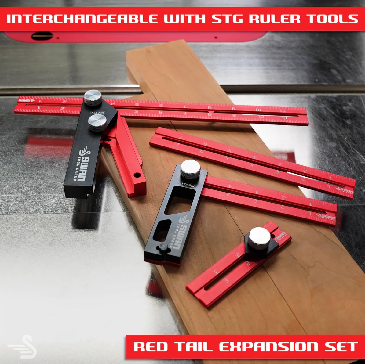 Swan Tool Group RED Tail Ruler Set - Woodworking Ruler Layout Tool, Precision Measuring in 4", 6" and 12" Lengths, Works with Swan Tool Group Ruler Squares: Ridgway, Merlin, or Offset Rulers