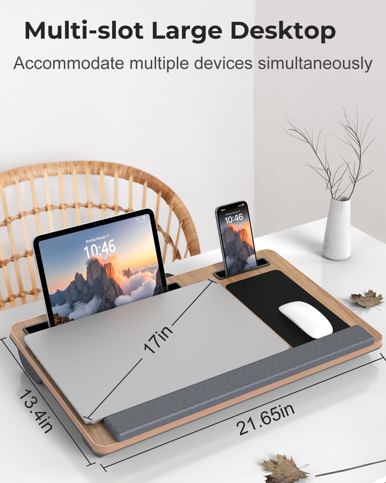 Potuopy Lap Desk - Up to 17” Laptop Tray with Wrist Rest, Portable Handle, Fixed Mouse Pad, Tablet & Phone Slots, Laptop Stand for Bed with Cushion (Dark Brown Woodgrain)