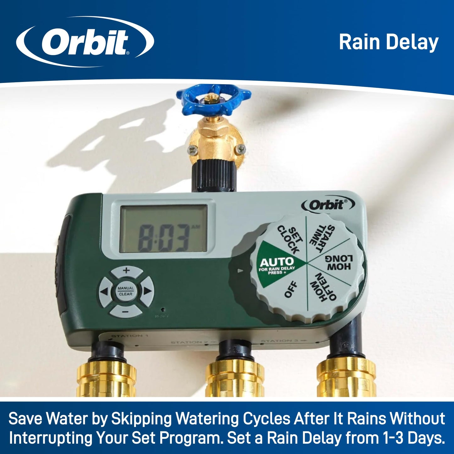 Orbit Programmable Digital Hose Watering Timer - 3 Outlet - Battery Powered - with LCD Screen - Built-in Rain Delay - Water-Resistant - 56082