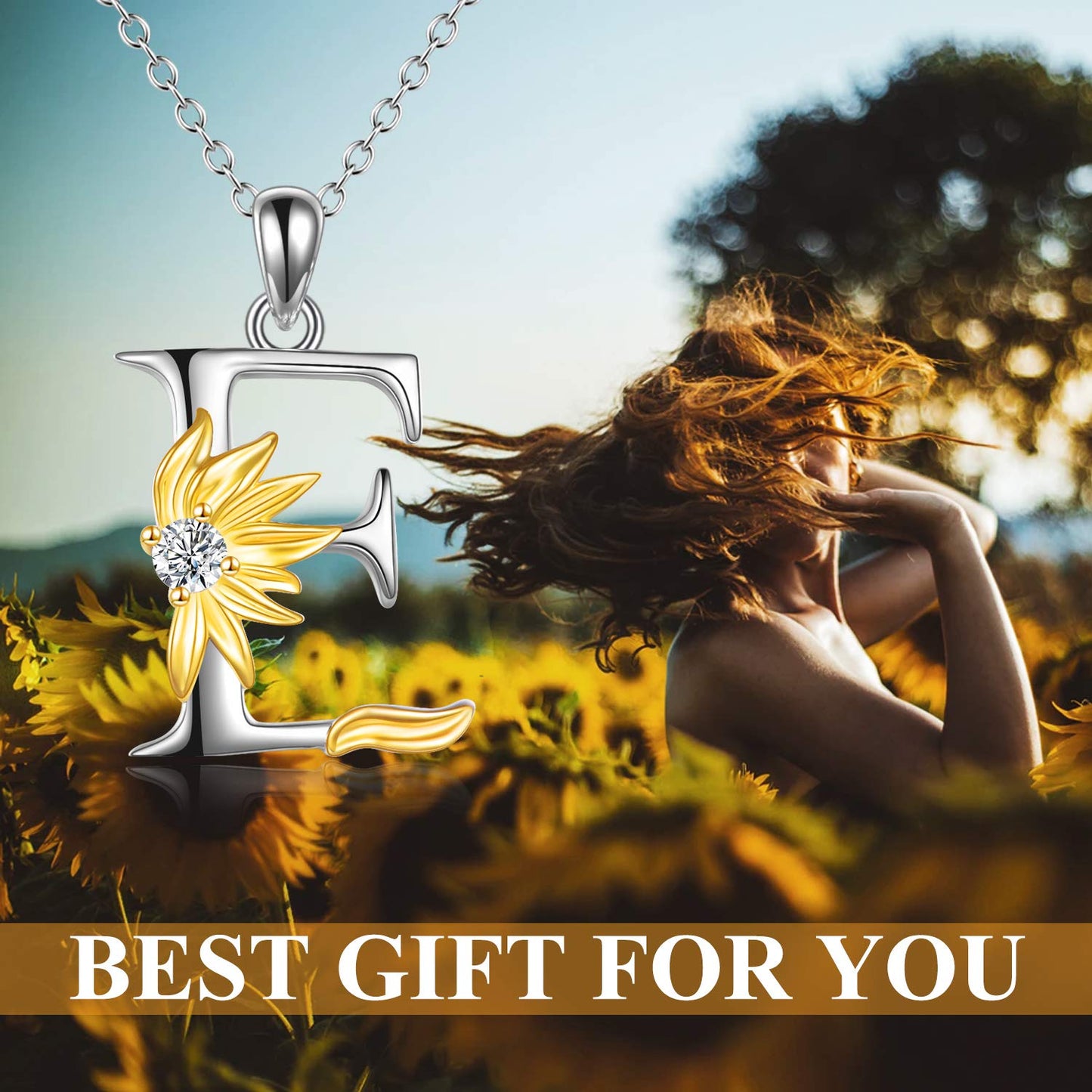 POPLYKE Sterling Silver Initial Alphabet Letter Script Name Pendant Chain Necklace for Women for (Sunflower E)