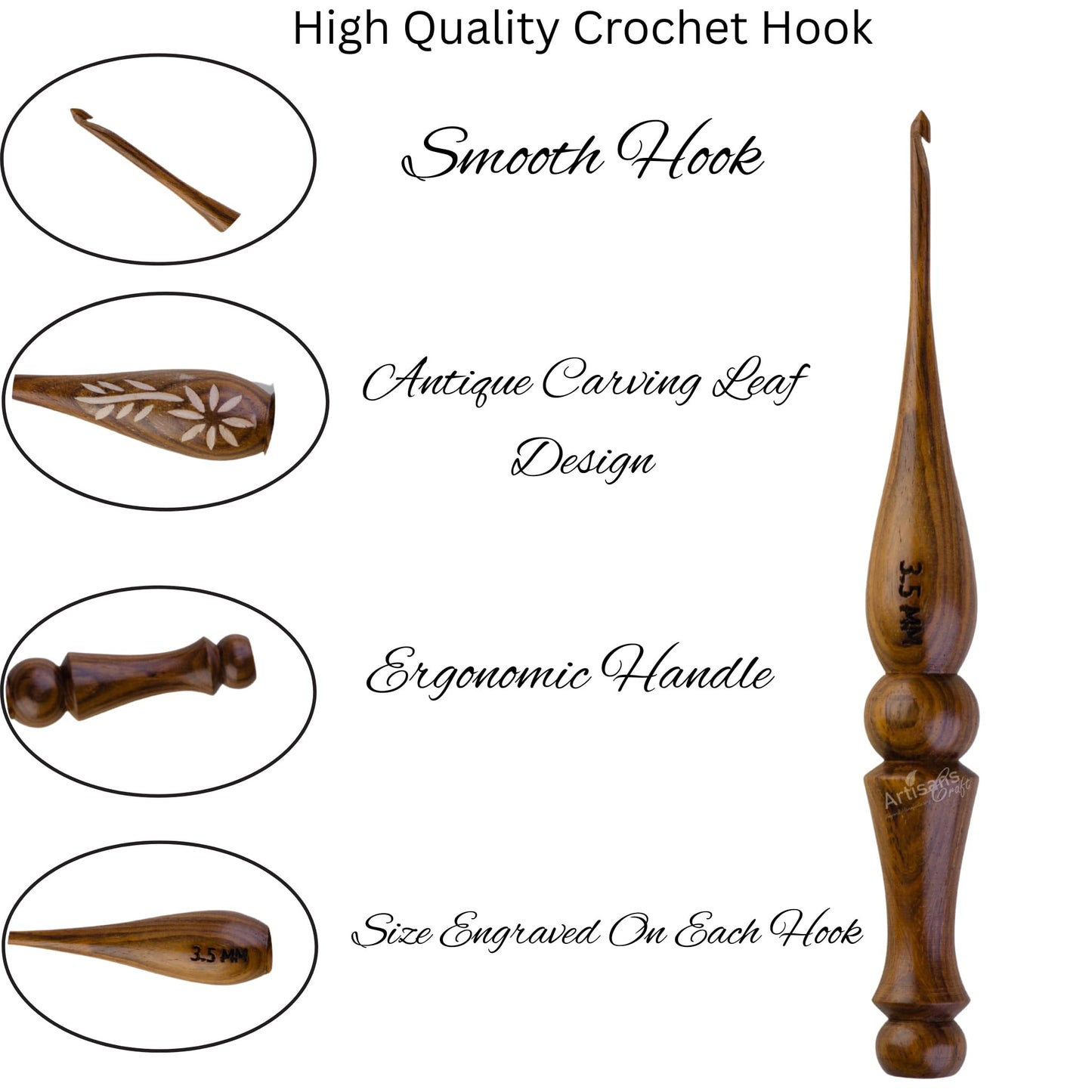 Crochet Hooks Set of 13-3.5mm to 12mm - Hand Carved Wooden Hook with Leaf Design - Ergonomic Soft Grip for Arthritic Hands - Crochet Accessories (Set of 13)