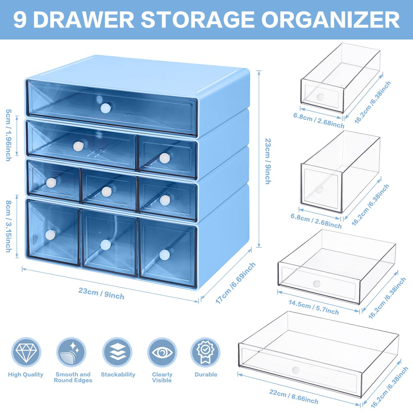 FODIENS Desk Storage Organizer with 9 Drawers, 4 Tiers Stackable Desktop Craft Storage Drawers, Clear Storage Box Caddy for Stationary Makeup Jewelry Office Craft Supplies (Blue)