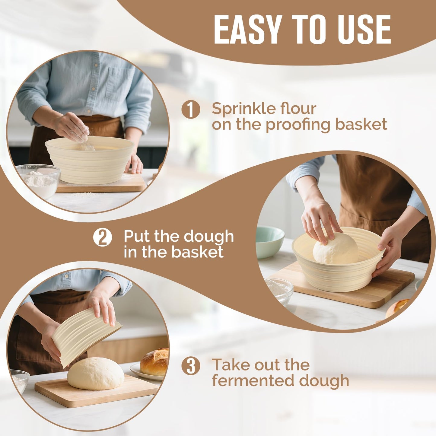Silicone Bread Proofing Baskets, Collapsible Sourdough Baskets with Central Column, Non-Stick Round Dough Bowl, Oven & Dishwasher Safe (Beige, 9.2"L x 3.6"H)
