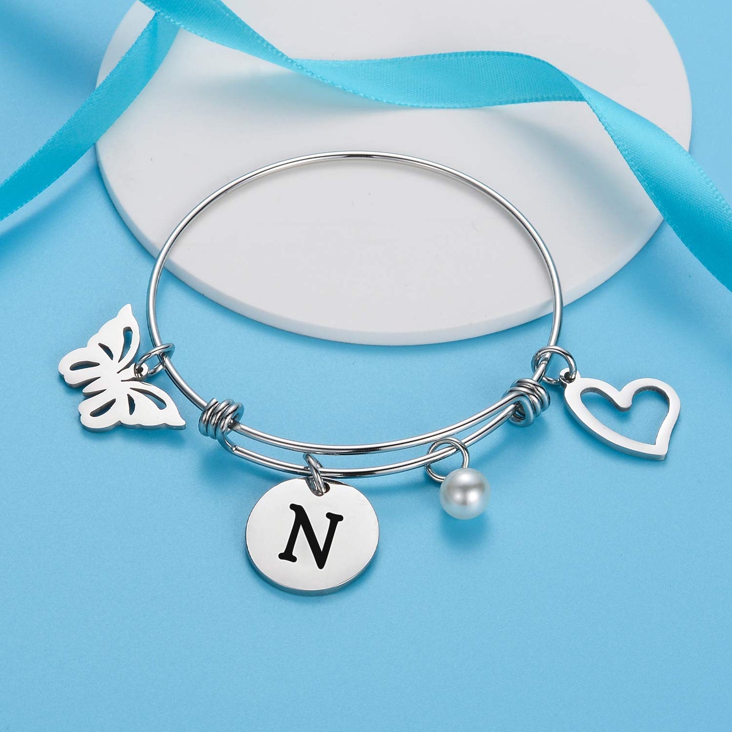 malyunin Initial Bracelet Charm Bracelets Heart Butterfly 26 Letters Alphabet Bracelet for Women Letter Bracelet Personalized Jewelry (N)