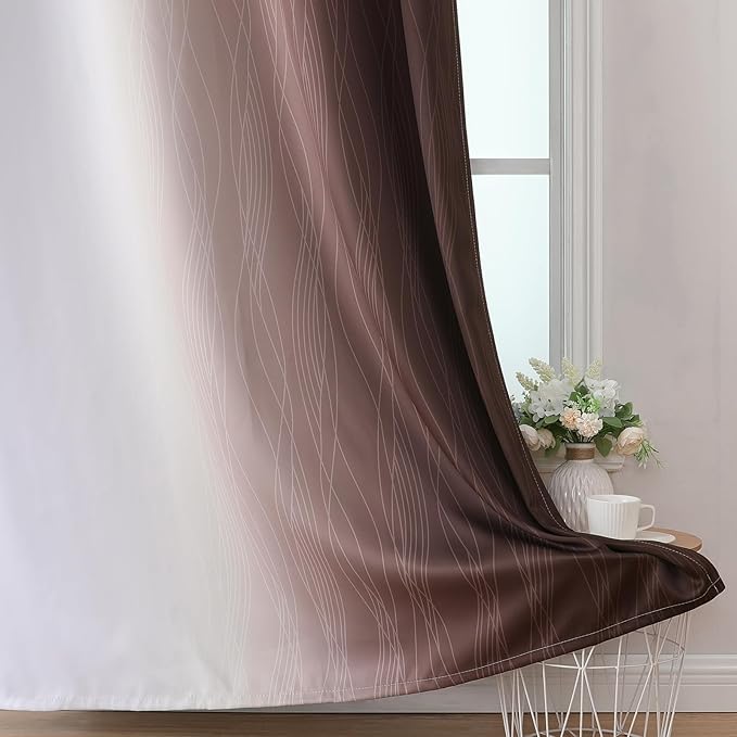 Estelar Textiler Brown and Greyish White Ombre Blackout Curtains 45 Inch Length 2 Panels, Full Room Darkening Gradient Drapes for Kitchen, Thermal Insulated Grommet Short Curtains for Bathroom,42Wx45L
