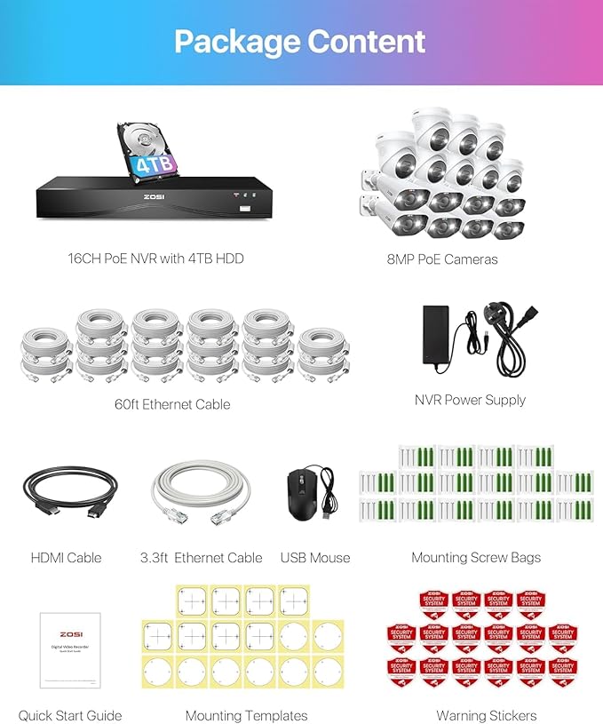 ZOSI 32 Channel 4K PoE Security Camera System,16x 8MP Outdoor Indoor Cameras,AI Human Vehicle Detection,Two-Way Talk,Color Night Vision,32CH 16 Port Commercial NVR 4TB HDD Surveillance for Business