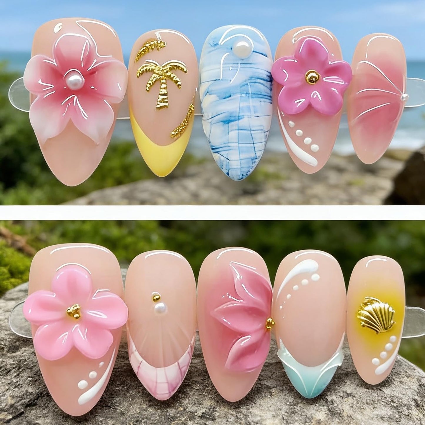 10 Pcs Handmade Press on Nails Medium Almond Thick Acrylic Nails with Glue,Tropical Art Fake Nails with Colorful Flowers Designs Nature Stick on Nail False Nails for Women(S)