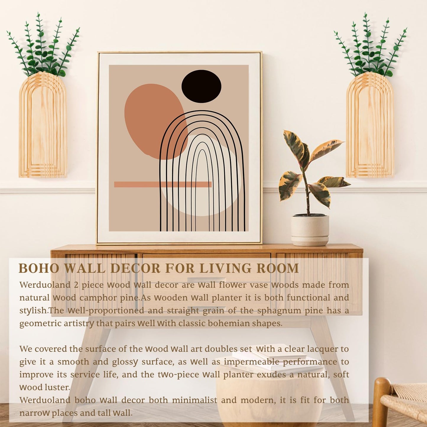 2 Pcs Wooden Wall Vase Set for Decor with 10pcs Artificial Eucalyptus Plants-Boho Hanging Planter Modern Farmhouse Wall Decor for Bathroom Living Room Dining Room Bedroom Kitchen