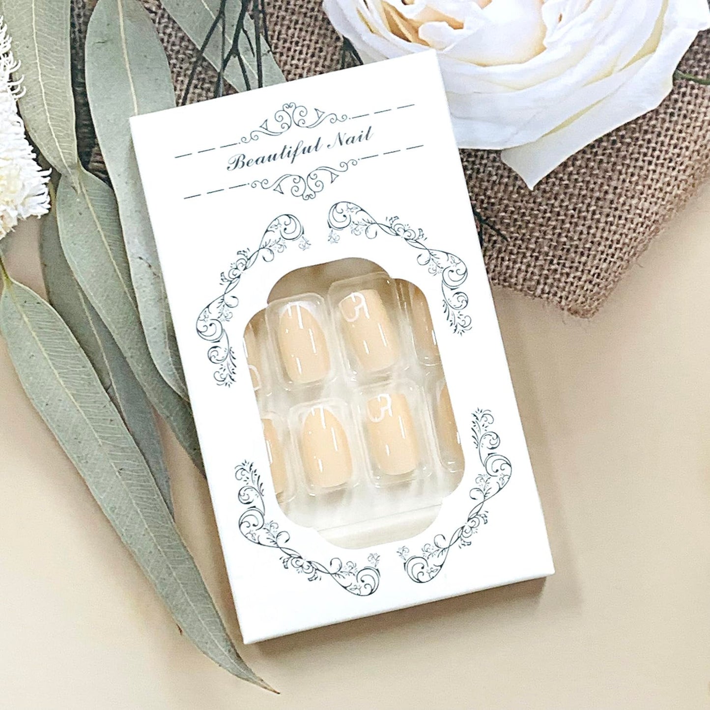 Press On Glossy Full Cover Acrylic Short Square French False Nails with White Heart Designs - Artificial Fake Nails Glue Ons for Women Girls