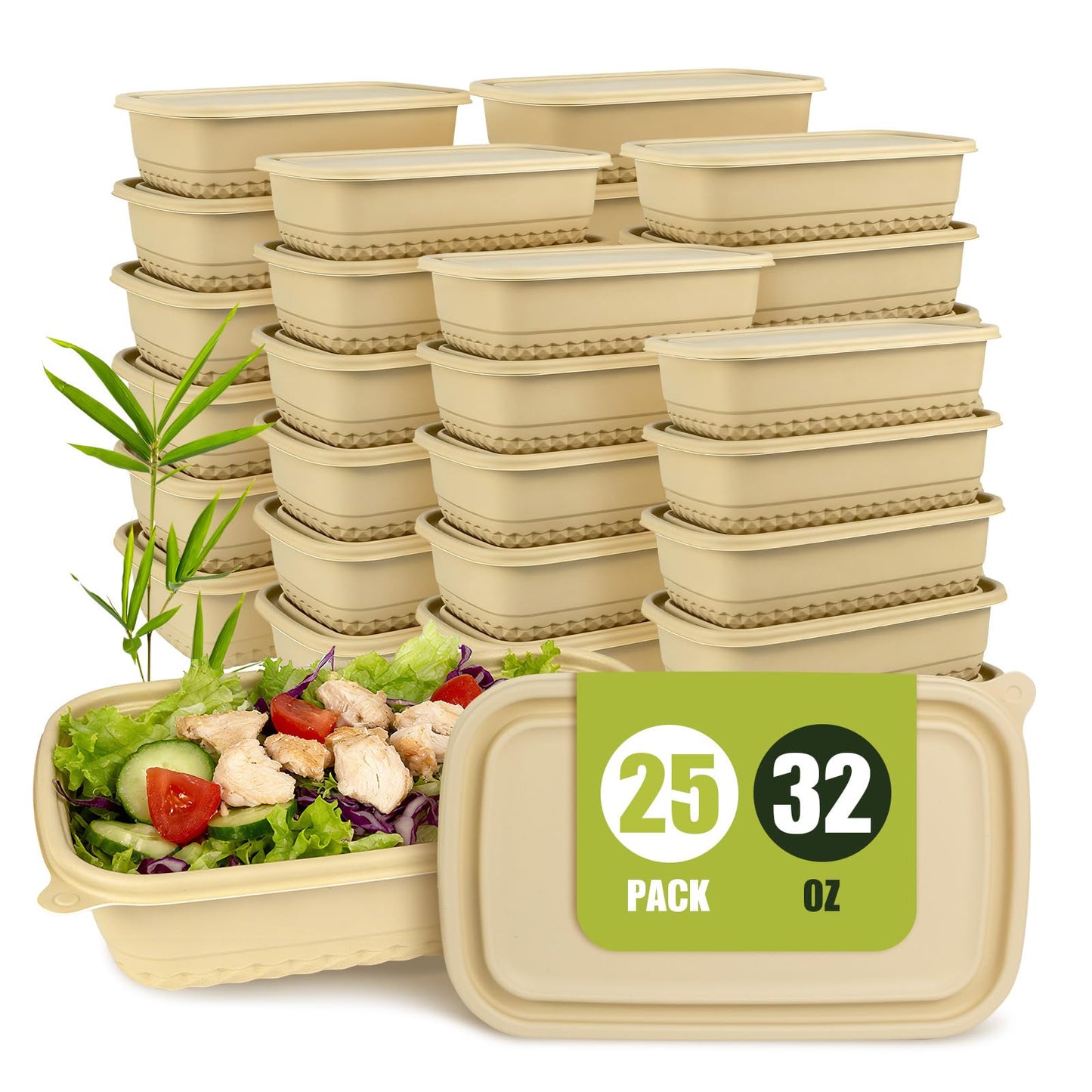 Bmboryxa 25Pack(50pcs) Meal Prep Containers Reusable, 32oz Bamboo-Powder Food Containers with Lids, Plant-based To Go Containers for Lunch - Microwave, Freezer, Dishwasher Safe