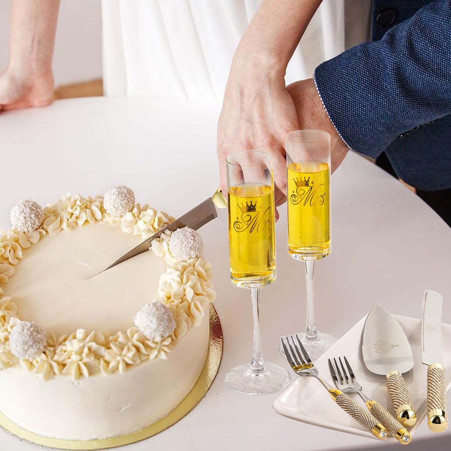 Wedding Cake Cutting Set, Champange Flutes with Cake Knife and Server Set for Bride and Groom Anniversary Engagement Bridal Shower Gifts