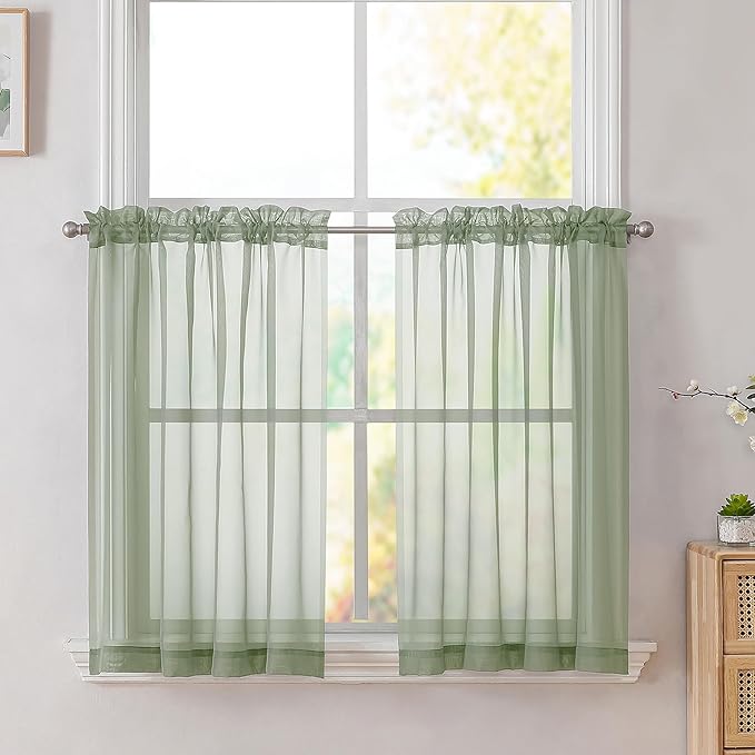 SimpleBrand Sage Short Sheer Drapes Half Window Curtains for Bathroom Small Windows, 42 X 36 Inch, 2 Panels