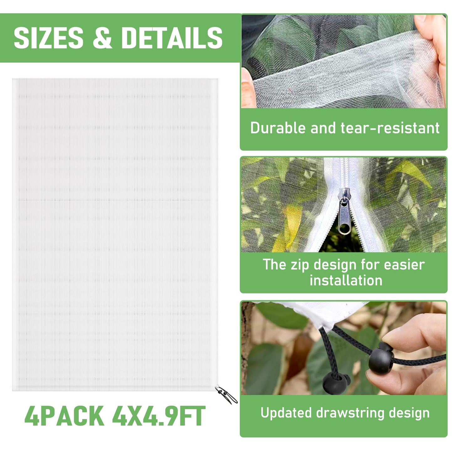 YUYIUS Fruit Tree Netting, Plant Mesh Netting for Garden Protection, Blueberry Bush Insect Netting Cover as Garden Pest Barrier from Cicadas, Bug, Bird (4.9x4 FT, 4Pcs, Zipper & Drawstring Design)