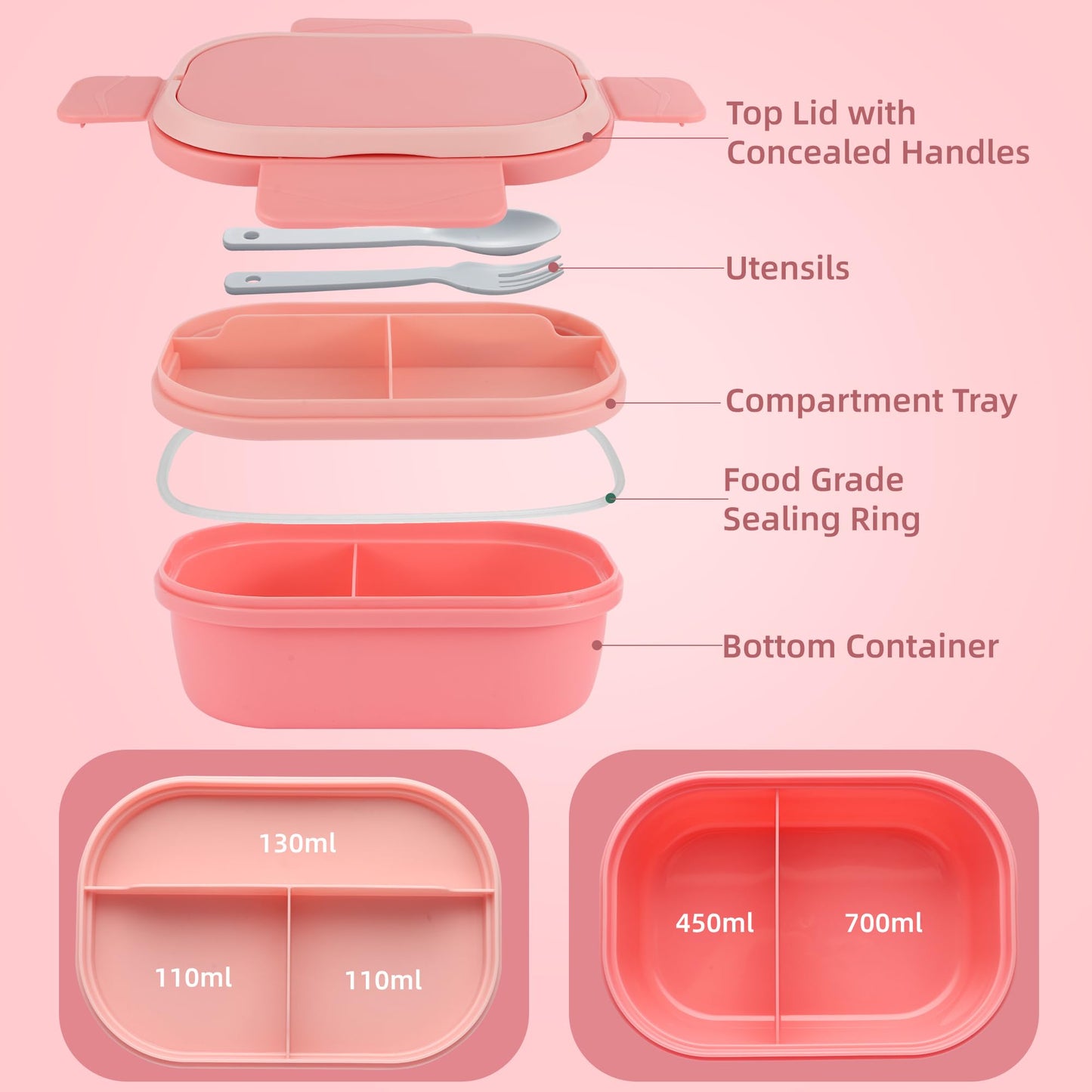 Itopor Leakproof Bento Box Adult Lunch Box with Hidden Handle, BPA-Free 5-Compartment Lunch Containers for Adults with Snack Tray & Utensils, Microwave & Dishwasher Safe, 5 Cup Pink