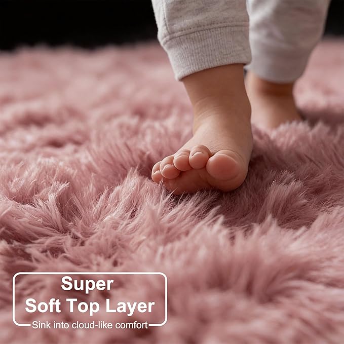 Blush Round Rug 6Ft for Bedroom, Fluffy Fuzzy Plush Circle Area Rugs for Baby Kids Room Decor Aesthetic, Shaggy Circular Carpet for Teen Girls Nursery Dorm Playroom, Cute Large Dusty Rose Mauve Rug
