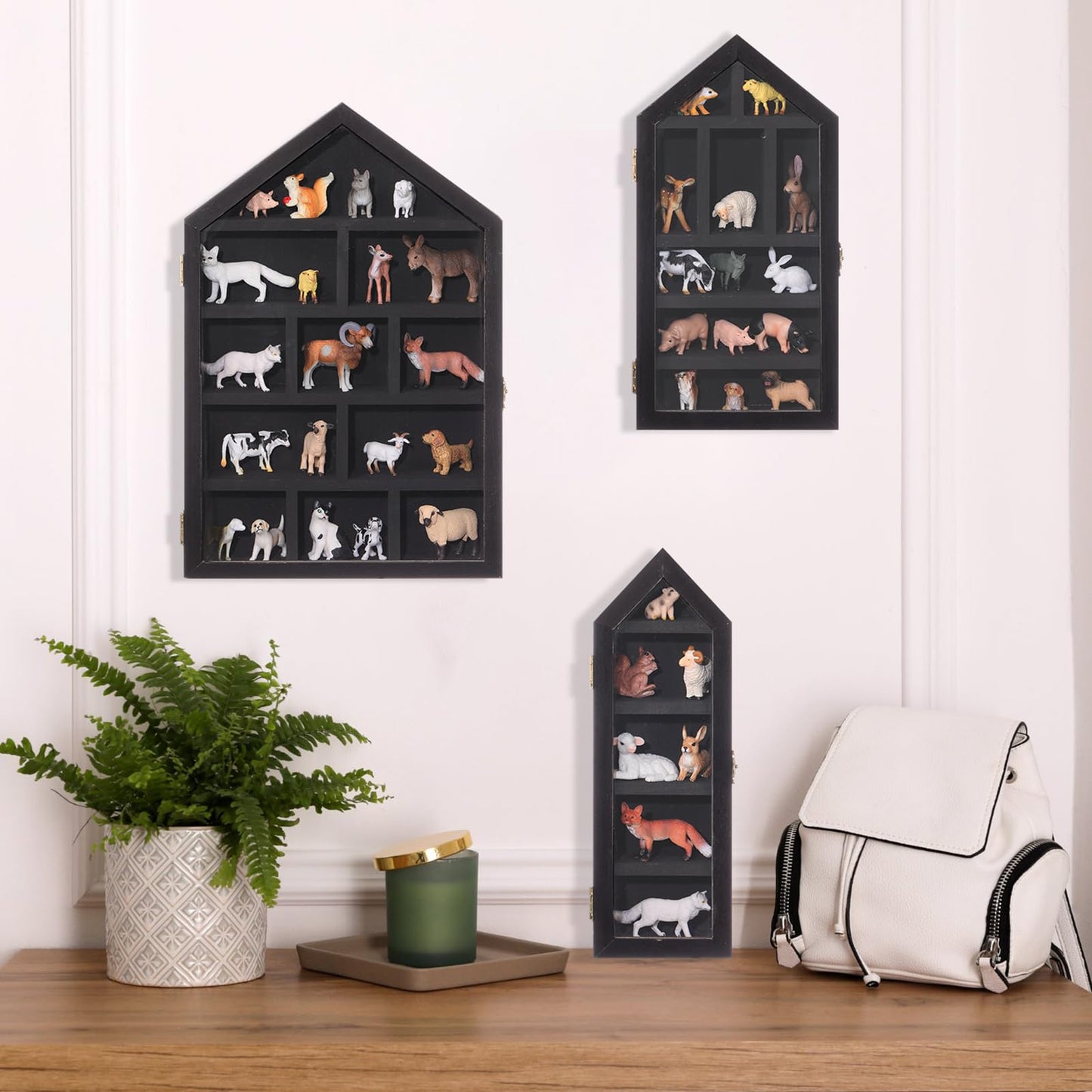 DoubleFill Set of 3 Wooden Trinket Display Shelf Shadow Box with Shelves 10 x 15 Inch Large Wall Mounted Display Storage Mini Figures Curio Trinket Medals Crafts Collections(Black,House Shape)