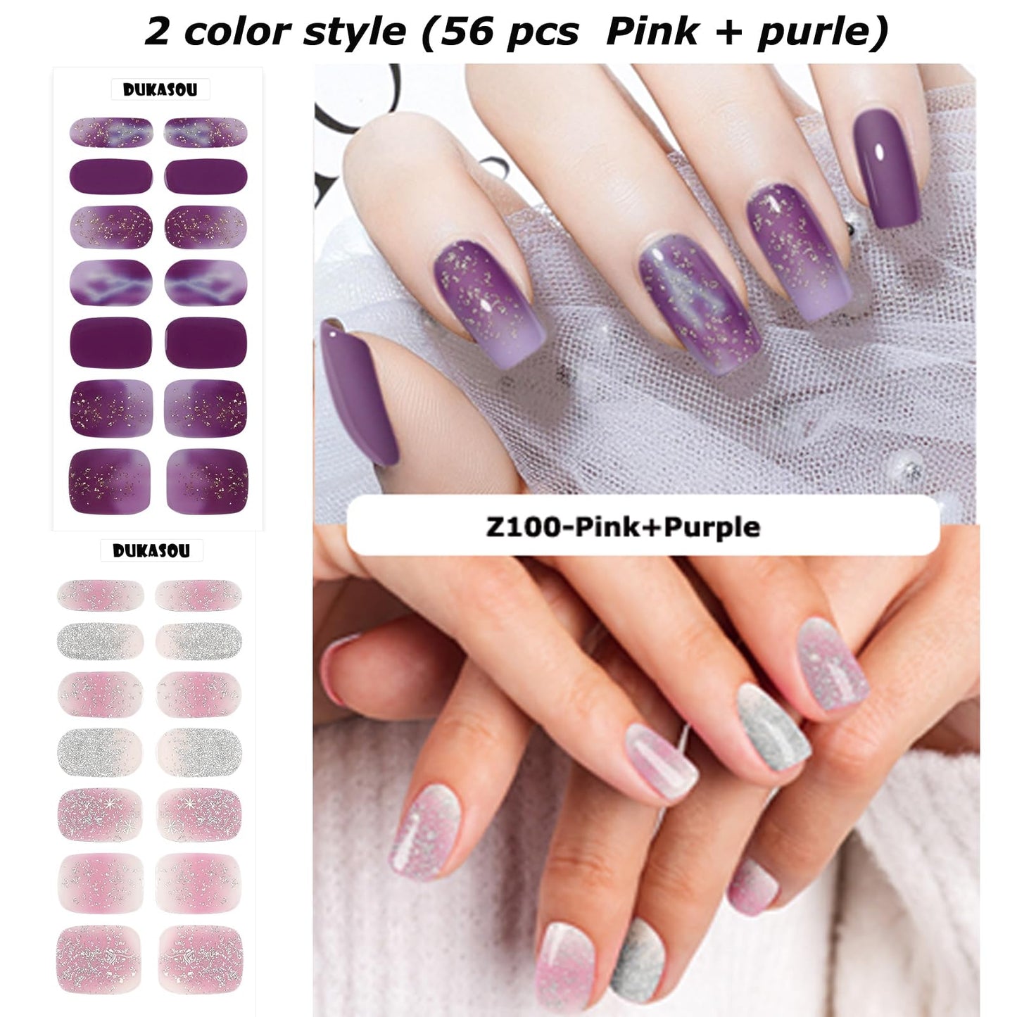 DUKASOU Semi Cured Gel Nail Strips, 56Pcs Nail Art Stickers/Wraps, Long Lasting UV Nail Polish Strips for Adults(Pink+Purple)