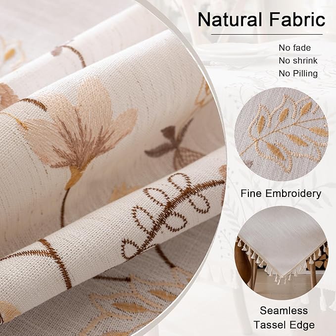 Joyfol Day Rustic Square Table Cloth, Heavy Duty Linen Florals Embroidery Tablecloths, Farmhouse Waterproof Tablecloth, Wrinkle Free Table Cover with Tassels, Coffee Berry, 55''x 55''