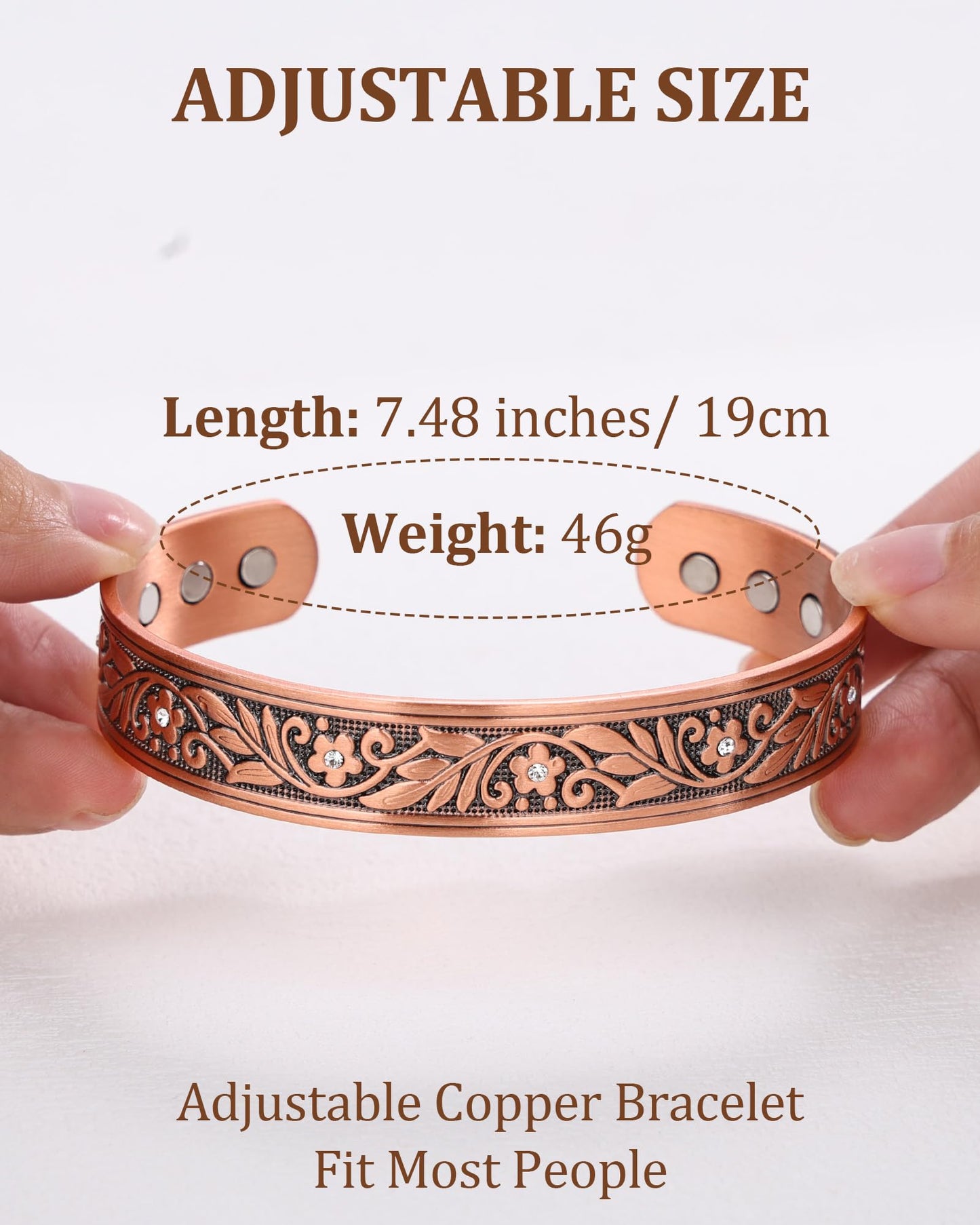 BioMag Magnetic Copper Bracelet for Women Men, 99.99% Pure Copper Cuff Bangle with 6 Pcs 3500 Gauss Magnets, Adjustable Size, Floral Vine Pattern