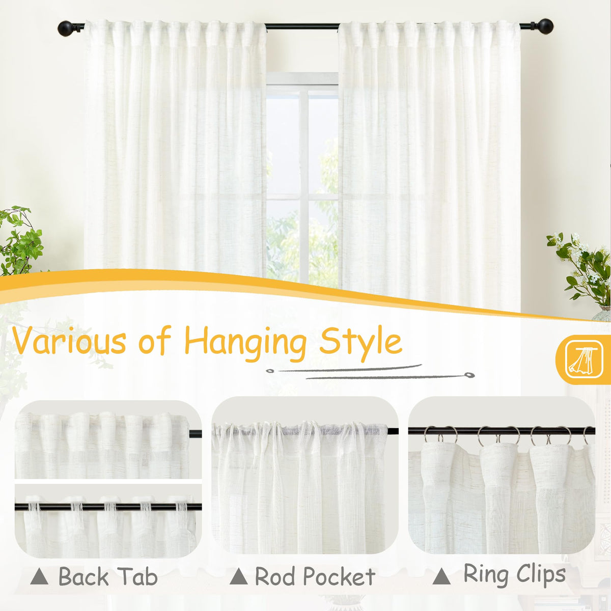 Small Linen Semi Sheer Curtains 36 Inch Length Window Over Sink (2 Count)