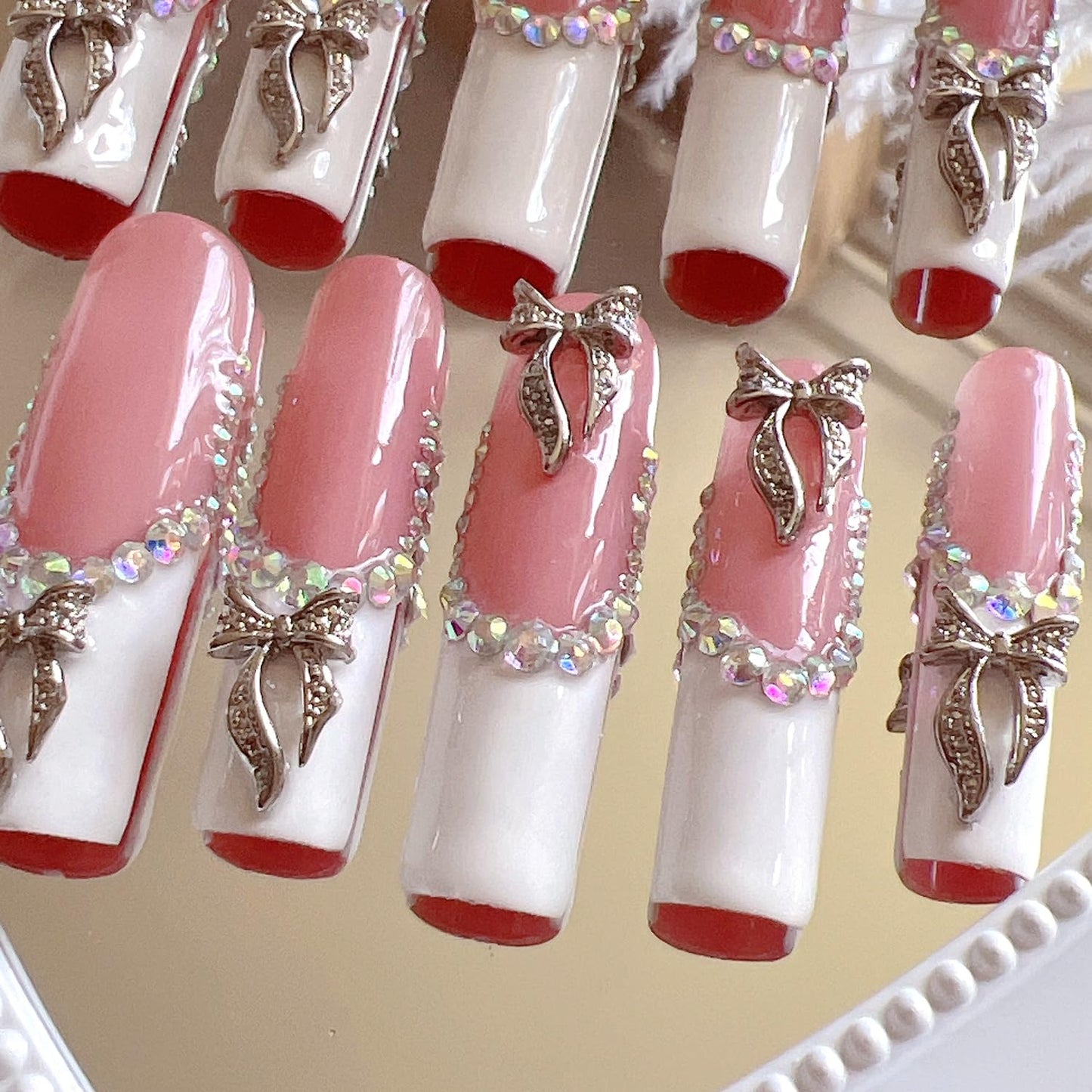 NAIL ANGEL 10PCS/SET Glamorous Handmade Press on nails Glitter Rhinestone with Metal 3D Bow Charms Long Coffin Nails Party Nails XXL Long Artifical Tips ZJ-08 (Multi-Color, ZJ-08-S)