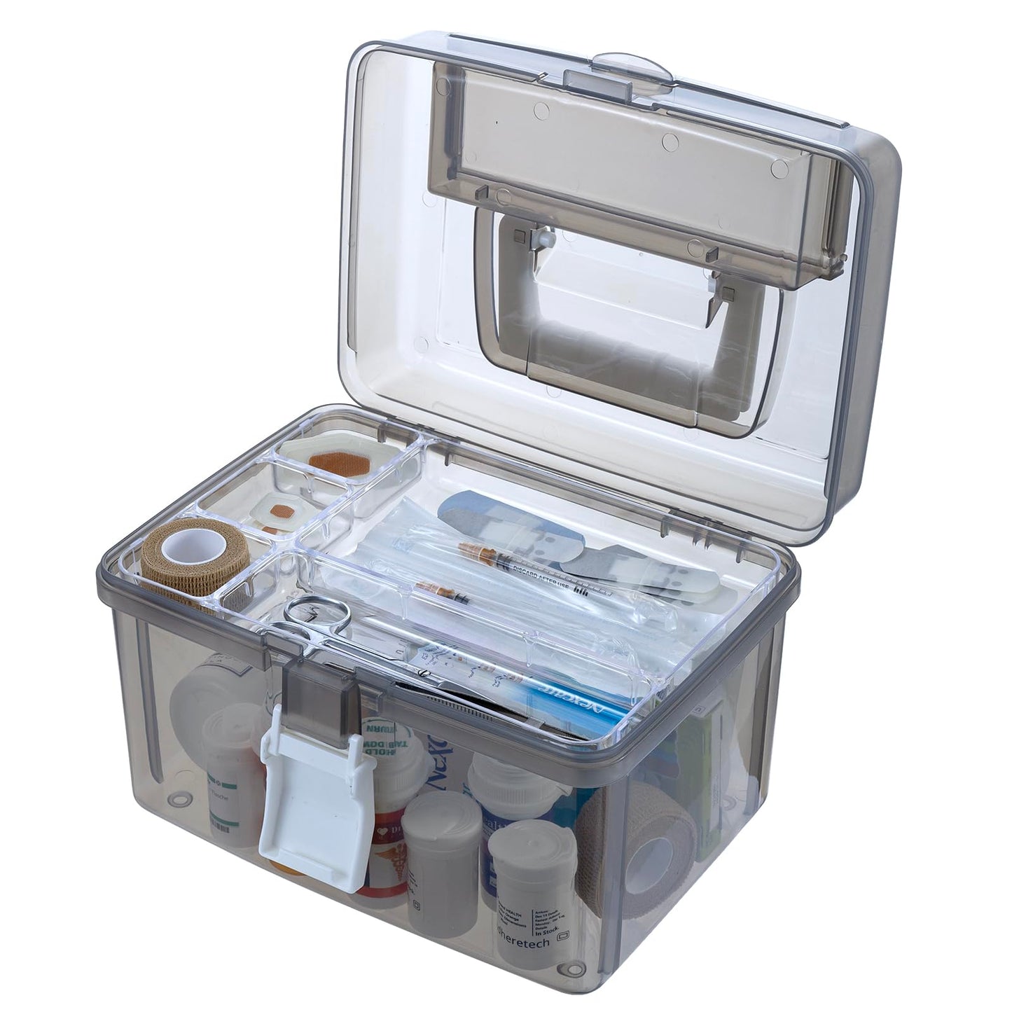 MyGift 10 Inch First Aid Transparent Gray Bin with Clear Removable Tray, Quick Access Lid Flap and Carrying Handle, Portable Emergency Kit, Medical Supply Travel Tote, Medicine Storage Box Container