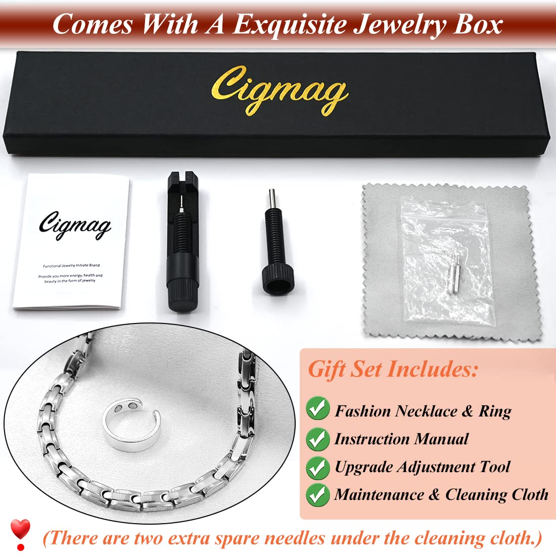 Cigmag Titanium Necklace for Men Women - Magnetic Necklace Stainless Steel Ultra Strength Magnets - with Adjustable Sizing Tool and Present Box