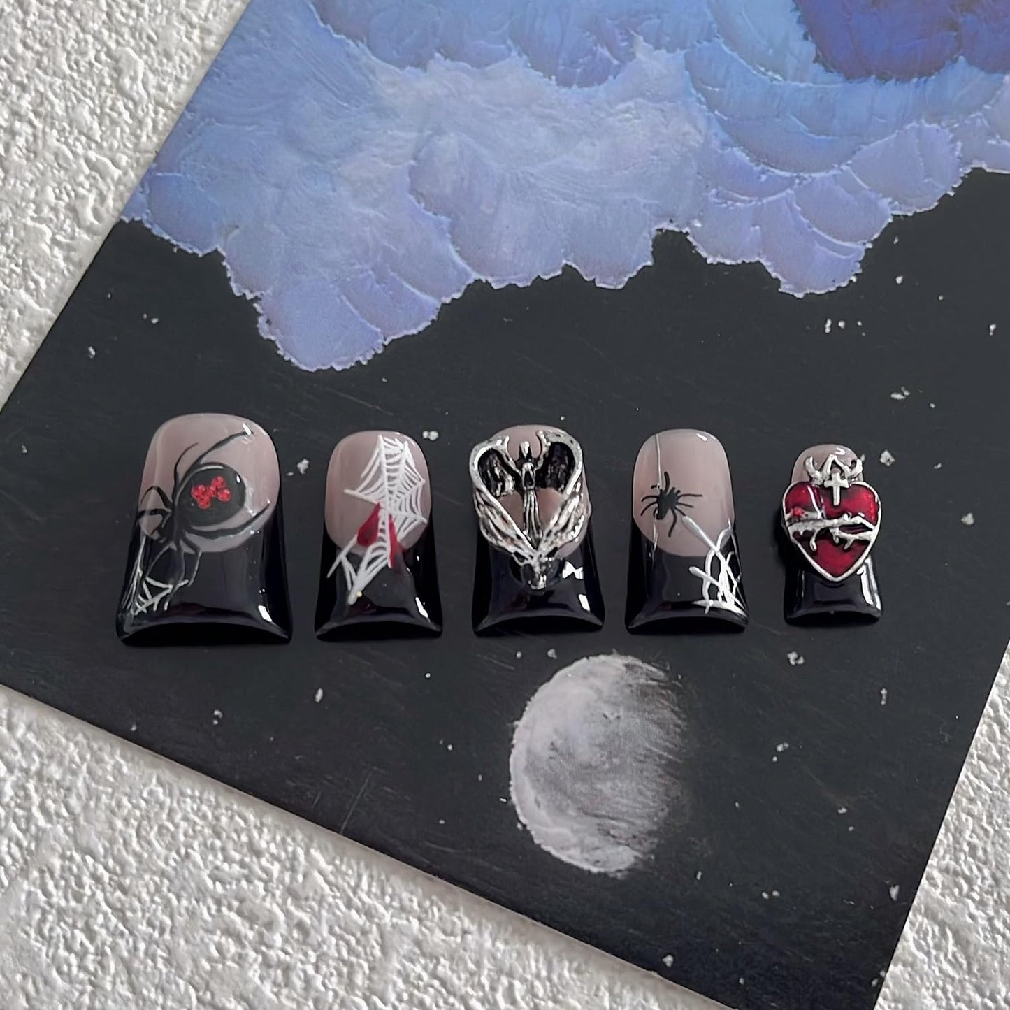 Halloween Luxury Press on Nails Short Duck Handmade 3D Unique Reusable ABS Material Fake Nails Black French False Nails with Designs Spider Web Bat Charms Glossy Glue on Nail Thick Acrylic Nail(S)