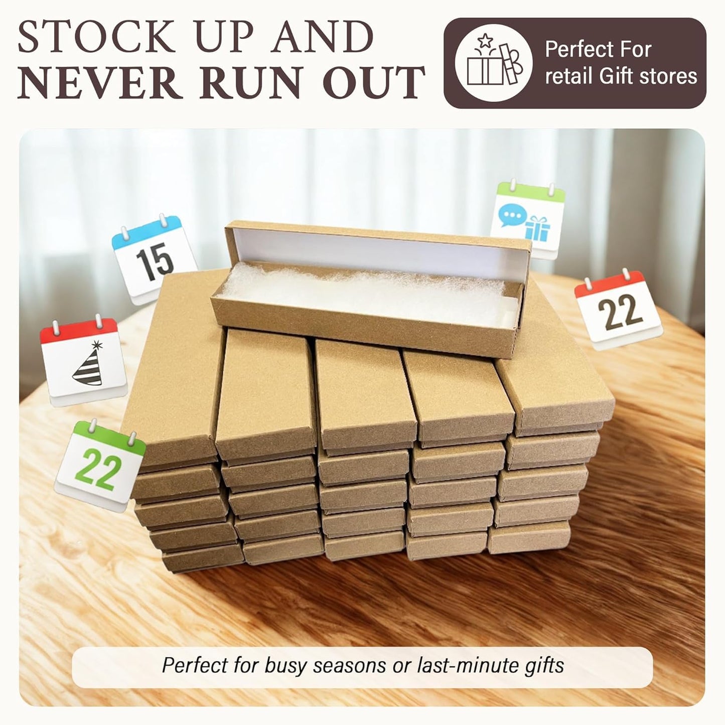 RJ Displays 10 Pack Bracelet Jewelry Boxes, Brown Kraft Cotton Filled Gift Box with Lid – Small Jewelry Gift Box for Necklace, Watch, Bracelet Display Packaging Boxes – 8" x 2" x 1" Inch