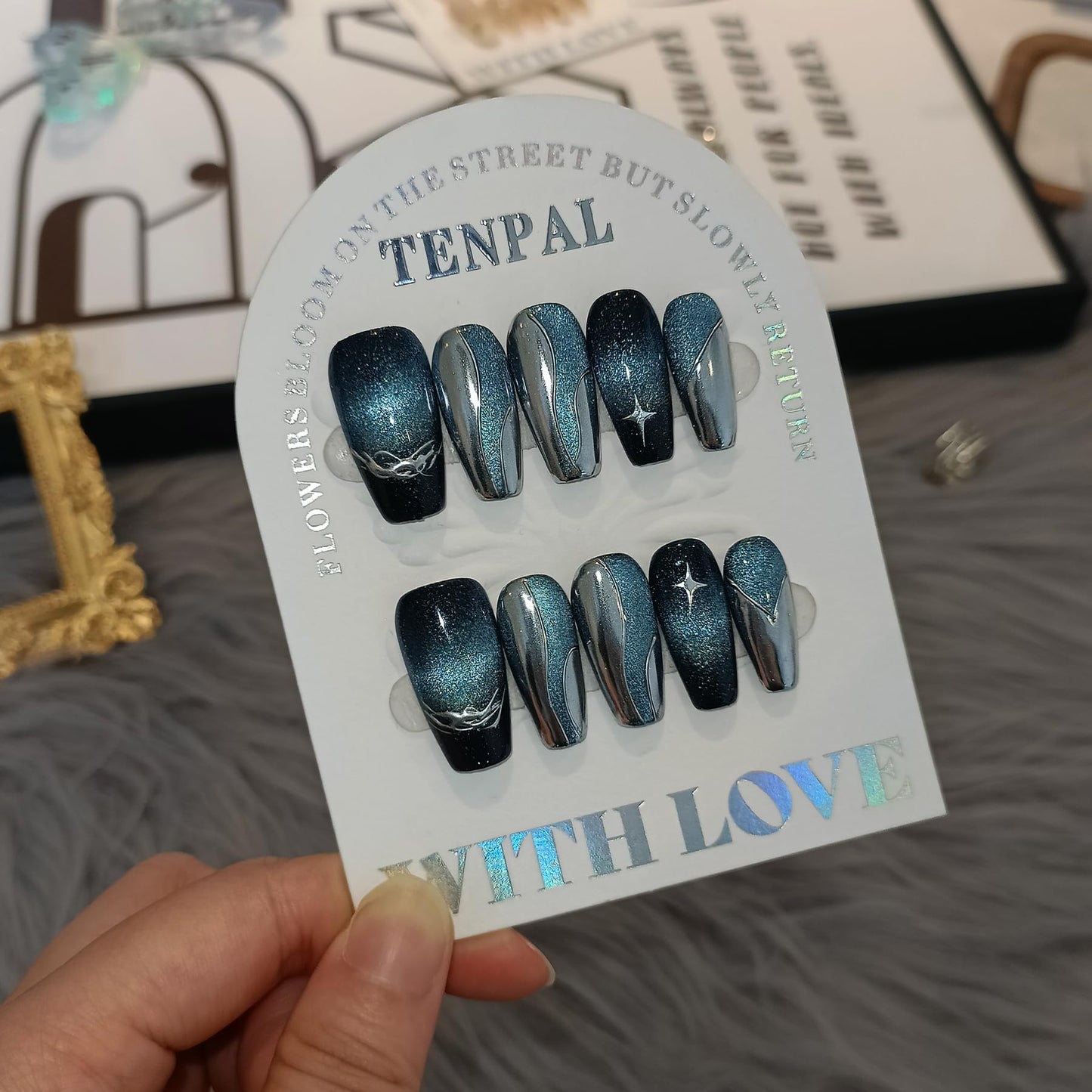 TENPAL 10Pcs Handmade Metallic Dark Blue Black Galaxy Cat Eye Press On Nails Coffin With Tools| 3D Wave Star Relief Punk Glitter Chrome Designs(XS)