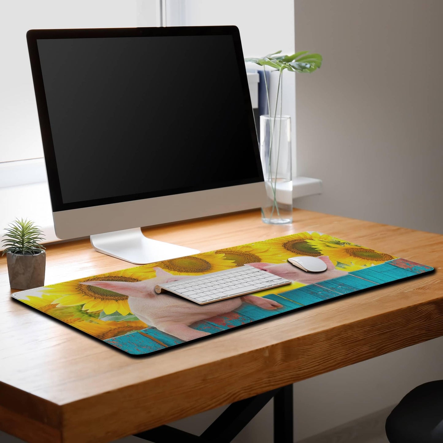 Samgula Keyboard Mat Yellow Blue Long Mouse Pad, Computer Mat Large Desk Pads, Big Desk Mat Non-Slip Rubber Base, 35.4 X 15.7 inch for Work/Game/Office/Home Funny Pig Hanging on A Fence. Studio Photo.