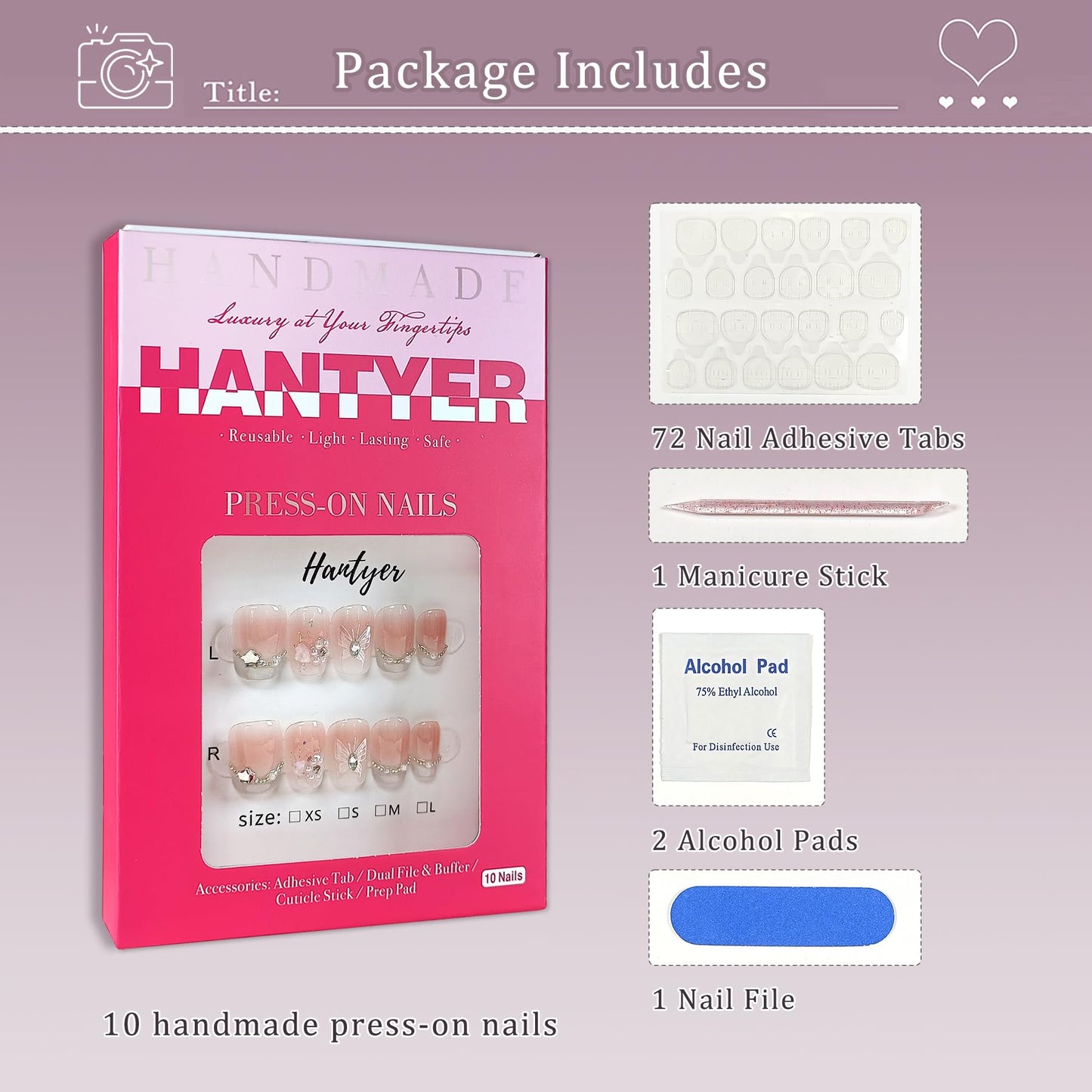 Hantyer Handmade Press On Nails Short Square,Acrylic French Crystal Cat Eye & Chain Pearl Butterfly Design Fake Nails,Cute Korean Pink False Nails 10PCS with Tools Kit for Women Daily (Size L)