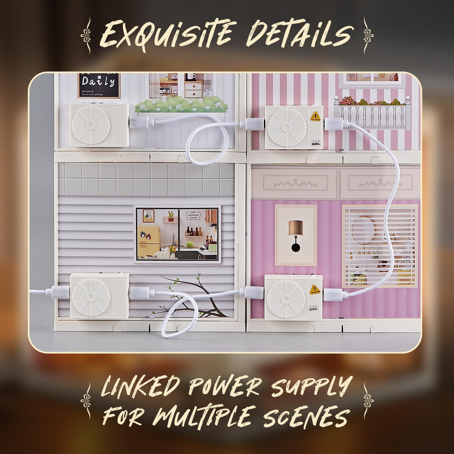 Qudify Miniature Living Room DIY Kit – 92Pcs 1:24 Scale Dollhouse Furniture with LED Light, Modular Scene Connector & Realistic Details for Kids 8+ and Collectors