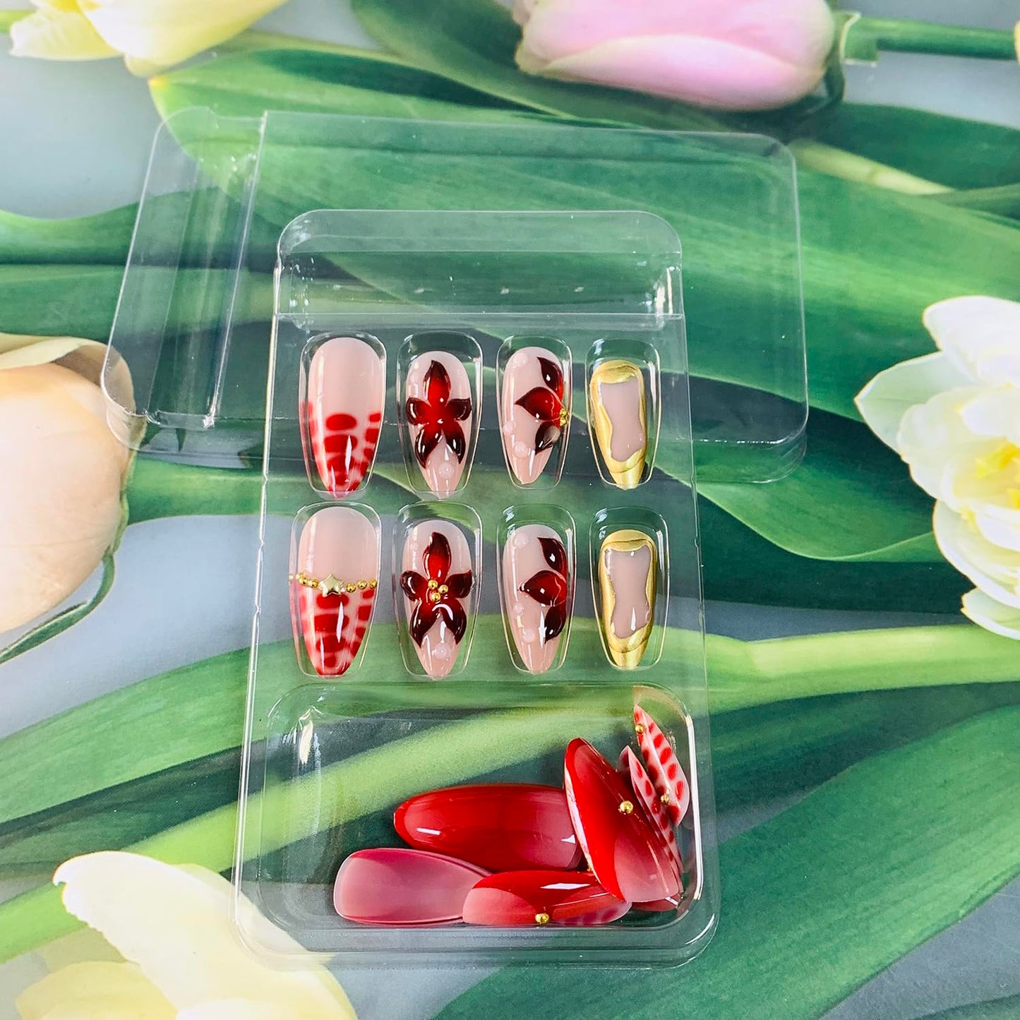 EYZOTSF Press on Almond Nails Medium Length Glossy Full Cover Acrylic Almond Shaped False Nails with Designs Artificial Fake Nail with Charms Glue Stick ons Fingernails for Women Girls(Z1099)