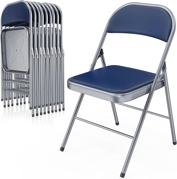 VINGLI 10 Pack Folding Chairs with Padded Seats, Metal Frame with Pu Leather Seat & Back, Capacity 350 lbs, Blue