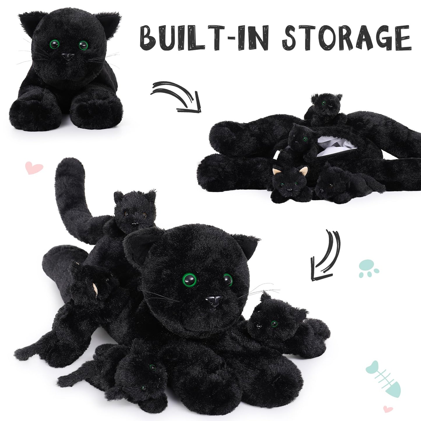 MaoGoLan 5Pcs Black Cat Plush with 4 Babies Inside - 20" Big Black Cat Stuffed Animals - Realistic and Soft Halloween Plushies Gift for Cat Lover,Women,Girls,Kids