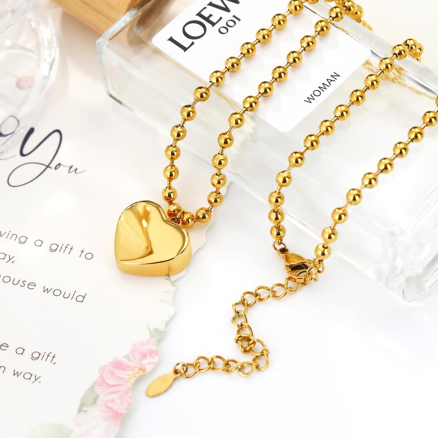 BONJOULRY 18K Gold-plated Heart Necklace, Chunky Gold Heart Necklace for Women Puffy Heart Pendant Necklace Ball Beaded Chain Chunky Jewelry for Women
