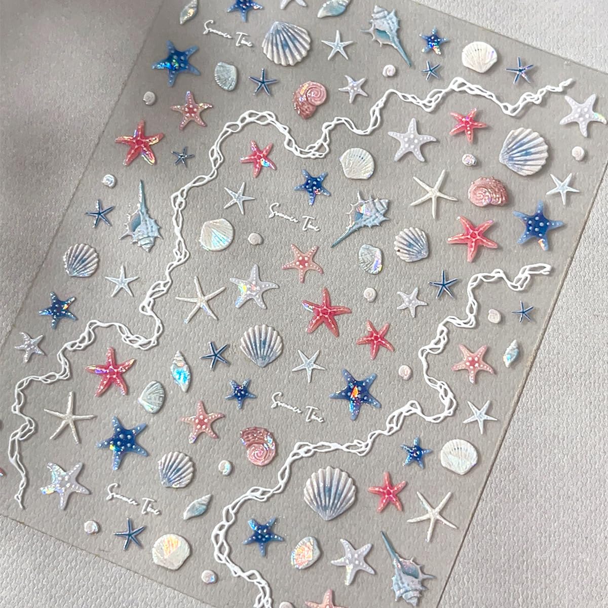2 Sheets Summer Ocean Life Nail Stickers Beach Cute Seashell Starfish Conch Nail Art Stickers 5D Embossed Sea Theme Nail Decals with Shiny Light Design for Women Summer DIY Manicure