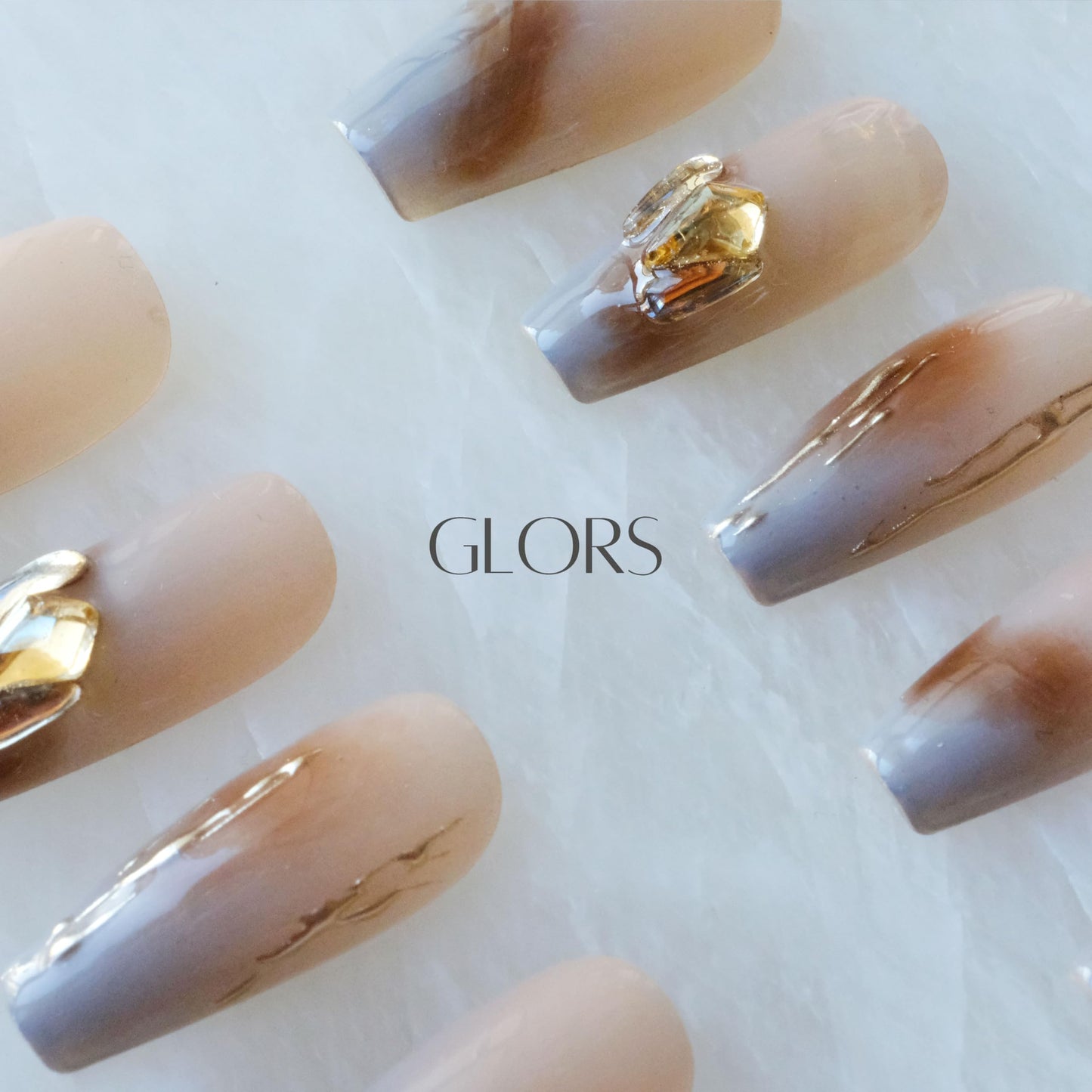 GLORS Ombre Press On Nails, Long Ballerina Style, Nude to Gray with Gold Accent, Handmade False Nail 10 Pieces (Small,LB)