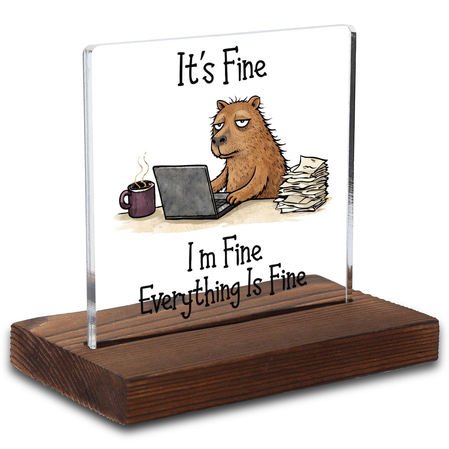 Funny Capybara Acrylic Plaque Gift, Calming Gift for Remote Worker, Relatable Desk Decor for Project Manager, Transparent Acrylic Plaque with Wooden Stand, HSJ119